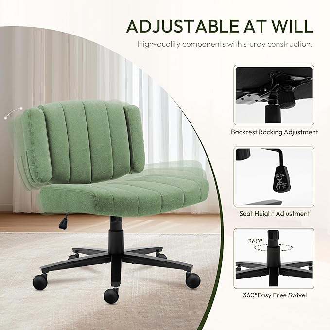 Vigosit Green Criss Cross Office Chair with Wheels, Ergonomic Wide Seat Vanity & Dressing Table Chair, Adjustable Arms Swivel Rolling Desk Chair for Women, Comfortable Cross-Legged Support