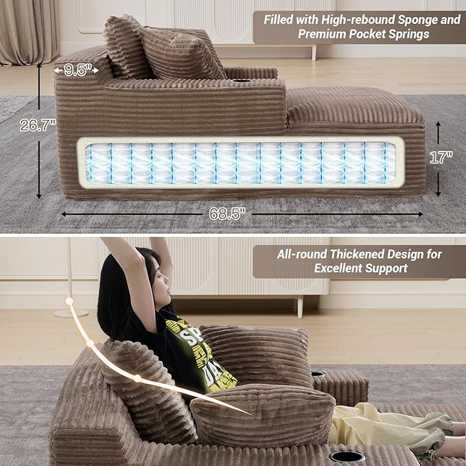 50"W x 68"D Oversized Chaise Lounge Chair Indoor Boneless Reading Chair Plush Corduroy Recliner with Cup Holders Large Deep Seat Comfy Sofa Bed Couch with 3 Pillows for Living Room Bedroom, Camel