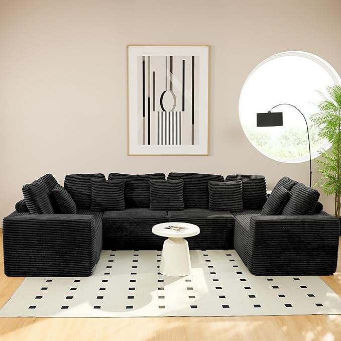 135.5" Cloud Sectional Couch,Boneless Corduroy Sofa for Living Room,Oversized U Shaped Sofa with Chaise,Deep Seat,No Assembly Required,Modular Sectional Couches（Black）