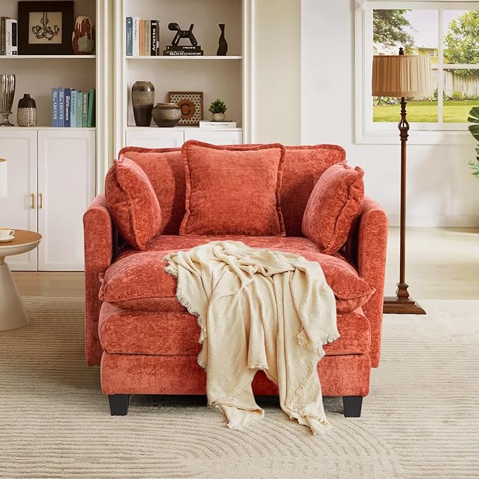 SoarFlash Chenille Sectional Sofa, Comfy Modular Single Sofa with Ottoman, Modern Recliner Deep Seat Sofa Set for Living Room,Orange