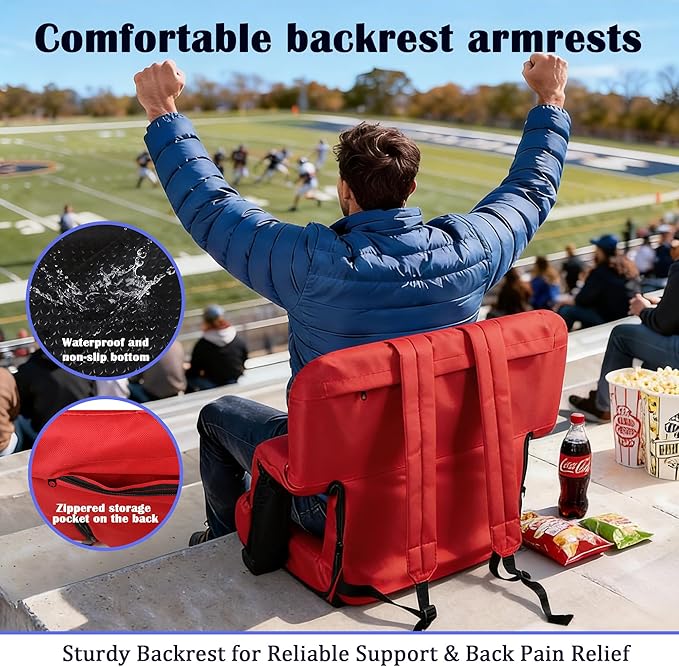 Anmiro Stadium Seats with Back Support Bleacher Chairs with Back and Extra Wide Cushion Thick Padded Bleacher Portable Reclining Seats for Football, Baseball and Basketball (Red, Small)