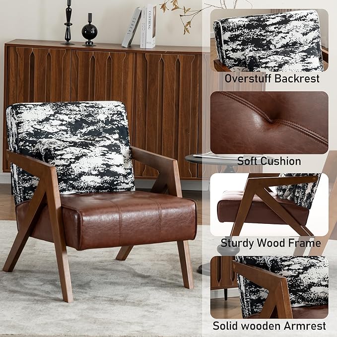 Mid-Century Modern Accent Chair Set of 2 with Solid Wood Frame，Upholstered Leather Living Room Arm Chairs with Pillow for Bedroom, Living Room, Balcony, Reading Room, Brown