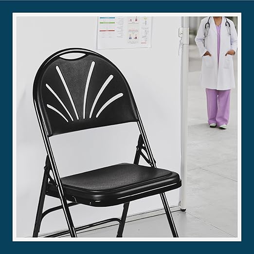 OEF Furnishings OEF1100 Series Premium Heavy-Duty Plastic Folding Chairs, Commercial Fanback Event Chairs with Triple Brace and 500 lb Capacity (4-Pack, Black Plastic with Black Frame)