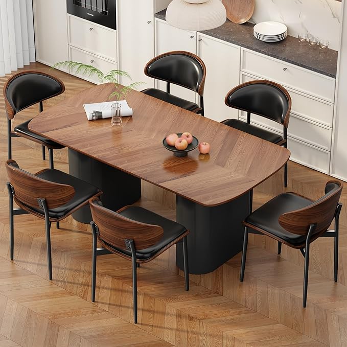 Dining Chairs Set of 6, Mid-Century Modern Upholstered PU Leather Chairs with Walnut Bentwood Back and Metal Legs Adjustable Feet for Kitchen Dining Room, Black PU