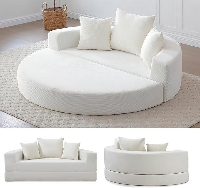 67" Round Convertible Folding Sofa Bed, Boneless Couch Loveseat, Floor Sleeper Chaise Lounge for Living Room, Apartment, Dorm, Small Spaces, Beige