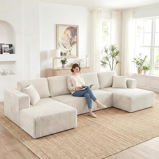 VYNELITO Oversized U Shaped Couch with Chaise, Modern Modular Sofa with Deep Seat, Corduroy Upholstered Boneless Couch for Living Room, No Assembly Required, Beige