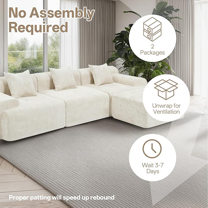 119’’ Modular Sectional Sofa Couch with Chaise, Deep Seat Cloud Couch for Living Room, Modern Chenille Upholstered Sectional with Throw Pillows, Compression Modular Sofa for Apartment Bedroom, Beige