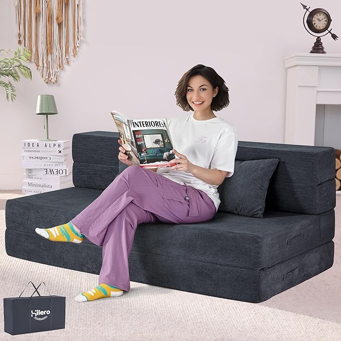 HILERO Folding Sofa Bed, 4 in 1 Convertible Sleeper Chair with Pillow, Queen Memory Foam Fold Out Chair Bed, Modern Floor Futon Sofa Couch Mattress for Living Room/Guest/Apartment, Dark Grey