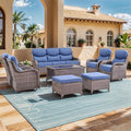 moosprr Luxury High Back Outdoor Furniture with 6-inch Extra Thick Cushions, Patio Furniture Set with Swivel Chairs, 8 PCS Wicker Conversation Set for Yard, Deck, Poolside, Brown/Blue