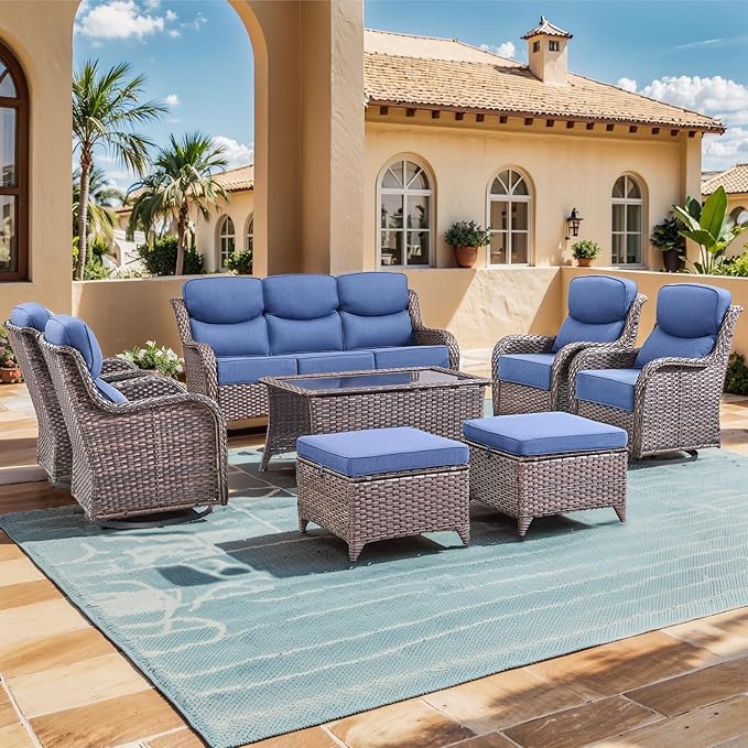 moosprr Luxury High Back Outdoor Furniture with 6-inch Extra Thick Cushions, Patio Furniture Set with Swivel Chairs, 8 PCS Wicker Conversation Set for Yard, Deck, Poolside, Brown/Blue