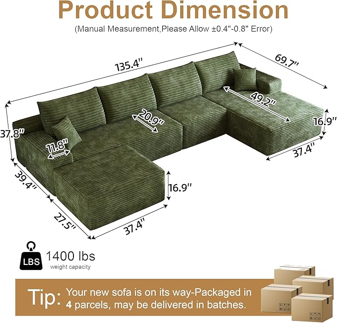 AUGOP 136" Sectional Couches for Living Room Modern Modular Sofa with L-Shape Couchs Upholstered Boneless Couch Deep Seat Sectional Couch with Chaise (Green, Right Facing Chaise+3Seaters+Ottoman)