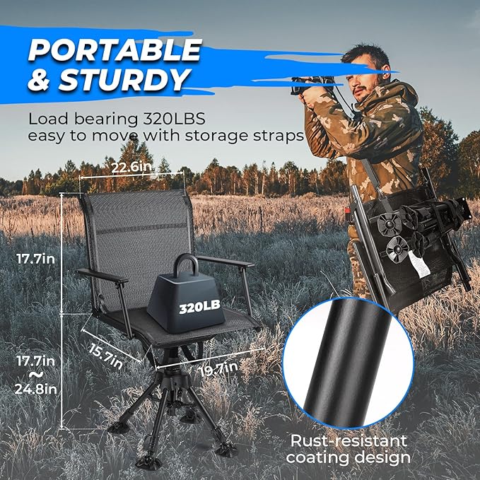 KEMIMOTO Hunting Blind Chair 360 Degree Silent Swivel, 300 Lbs Height Adjustable Quick Folding Portable Comfortable Hunting Deer Fishing Ground Chair