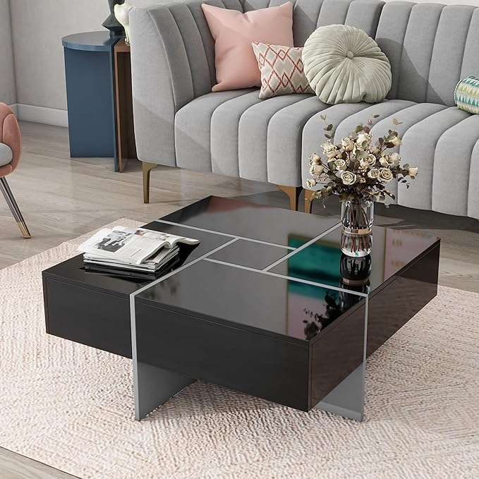 HanStrong 31.5" Square Coffee Table with 4 Hidden Storage Compartments,Cocktail Table with Extendable Sliding Tabletop,UV High-Gloss Design Center Table for Living Room,Black