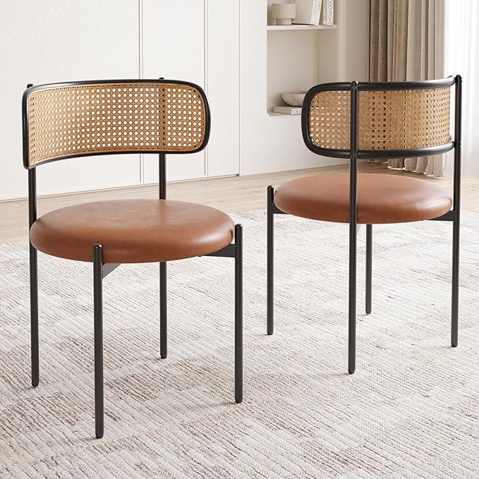 Farini Dining Chairs Set of 4, PU Leather Upholstered Seat with Woven Rattan Back, Sturdy Metal Legs Modern Side Chairs for Kitchen Living Room Restaurant, Brown