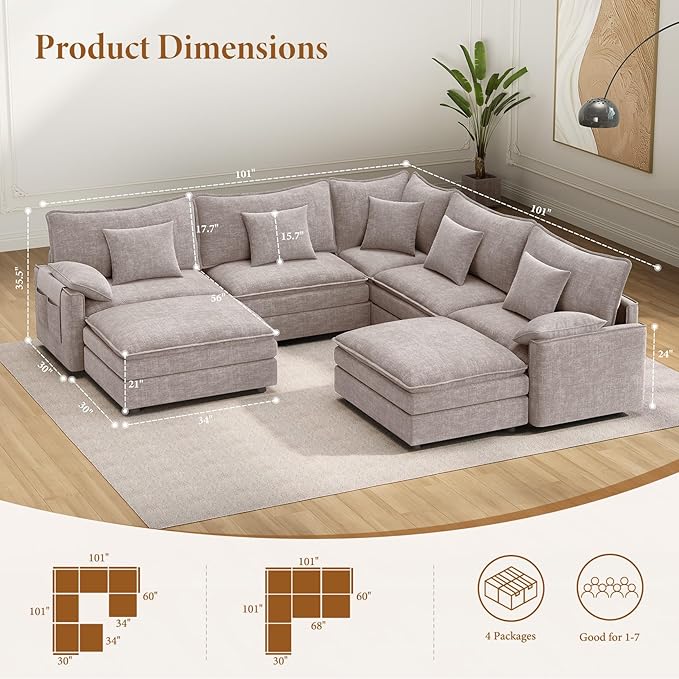 Vesgantti 101" V-Shaped Corner Couch Sectional, 7 Seat Customizable Modular Cloud Couches with Movable Ottoman, Chenille Deep Seat Sofa Set with Chaise for Living Room, Bedroom and Apartment, Brown