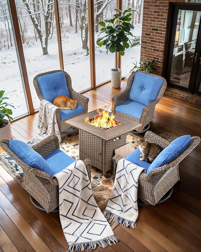 ACTREST Outdoor Patio Swivel Gliders with Fire Pit Table 5 Piece Set - High Back Brown Wicker Rattan Rocking Chair with Thick Cushion for Porch Apartment Deck Yard Poolside Garden - Navy Blue