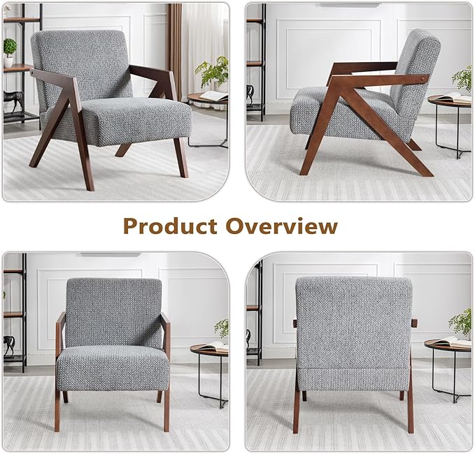 Bonzy Home Mid-Century Modern Accent Chair Set of 2 with Wood Frame, Upholstered Armchair for Bedroom & Living Room, Linen Fabric Cushion, Z-Shaped Armrest Design, Sturdy Lounge Chair