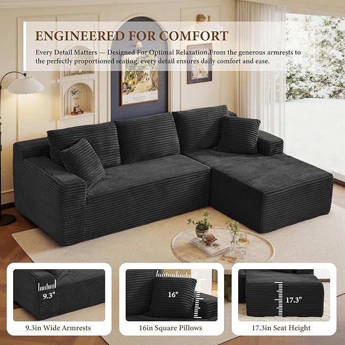 105" Sectional Couches for Living Room Cloud Couch Sofa with L-Shape Upholstered Boneless Couchs Modern Modular Sectional Couch with Chaise (Black, 105" W+Right Facing Chaise+2Seaters)