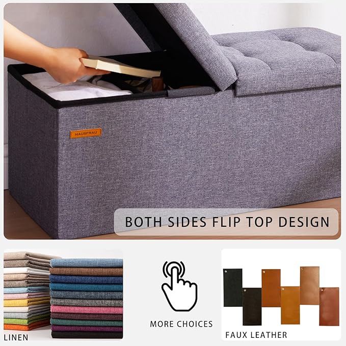 HAUSFRAU 31.5 Inches Ottoman with Storage, Folding Ottoman Bench Small Foot Rest Stool, Bedroom Bench with Flipping Lid, Faux Leather Retro Brown