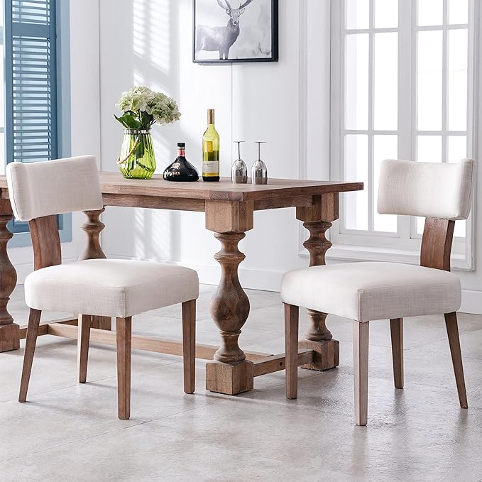 RIVOVA Mid Century Modern Dining Chairs Set of 4 Upholstered Linen Fabric Dining Chairs Curved Backrest Farmhouse Dining Room Chairs Kitchen Chairs with Wood Legs, Beige