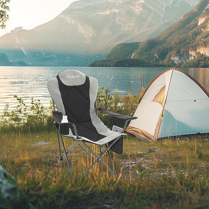 Aohanoi Camping Chairs, Portable Camp Chairs for Heavy People with Adjustable Angled Backrest, Outdoor Folding Camping Chairs for Outside Supports up to 350lbs, Carry Bag Included