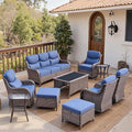 Belord Luxury 6" Thick Cushioned 10 Pieces Patio Furniture Set with Outdoor Couch, Wicker Outdoor Conversation Set with High Back Swivel Rocker Chairs for Deck Porch Yard and Poolside - Brown+Blue