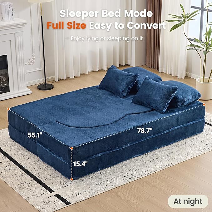 Orynveela Convertible Folding Sofa Bed, 78” Full Size Floor Sleeper Couch, Chenille Full Foam Futon Loveseat for Living Room Bedroom, No Assembly Required (Deep Blue)