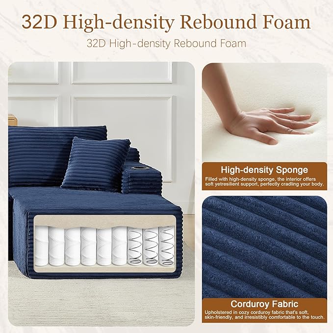 134 Inch Modular Sectional Sleeper Sofa, Boneless Cloud Couch for Living Room, U Shaped 5 Seat Sofa with 2 Storage Pockets& 2 Cup Holders, Free Combination, No Assembly Required (Blue)