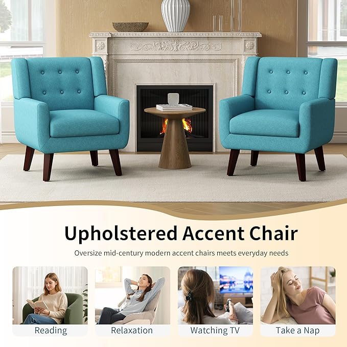 Accent Chairs, Mid-Century Modern Upholstered Living Room Armchair, Comfy Oversized Linen Fabric Single Reading Arm Chair with Tufted Back and Wood Legs for Bedroom, Club (1, Lake Blue)