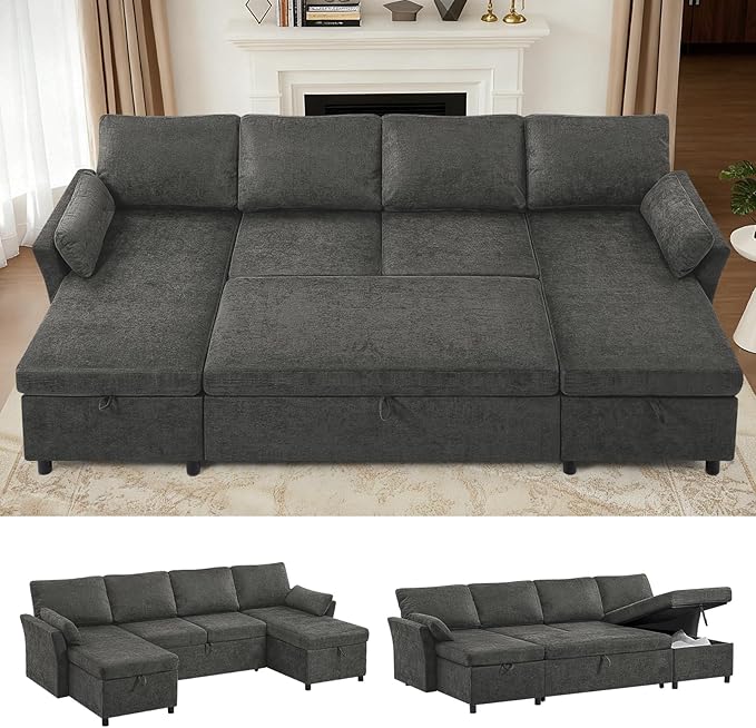 ACMEASE 107 Inches Fabric Sectional Sofa with Pull Out Sofa Bed, Modern U Shaped Sofa with Throw Pillows, Comfortable Sleeper Couch with Storage Chaise for Living Room, Grey