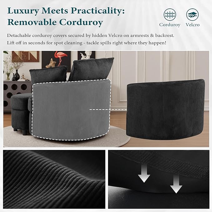 Chorlenimi Swivel Accent Chair Round Barrel Armchair Upholstered Living Room Chair Corduroy Reading Chair Single Sofa Chair for Bedroom Apartment Office (Black, Upgrade 1Seater+ Ottoman)