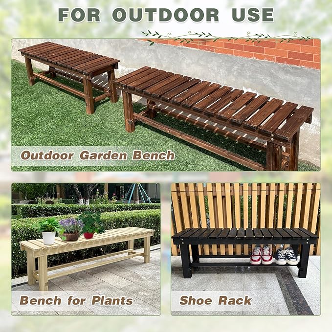 LSPYYDS Outdoor Garden Bench, 2-Person Wood Patio Bench Weatherproof Outdoor Backless Bench, Anti-Corrosion and Anti-Rust Garden Benches for Garden Lawn Porch Park Backyard (Carbonized,35.5''/90cm)
