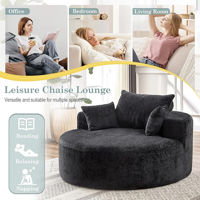 Oversized Round Chaise Longue Chair Indoor, Modern 55-inch Upholstered Chenille Deep Seat Circle Single Cloud Lounge Floor Sofa Chair for Living Room, Bedroom Apartment, Black