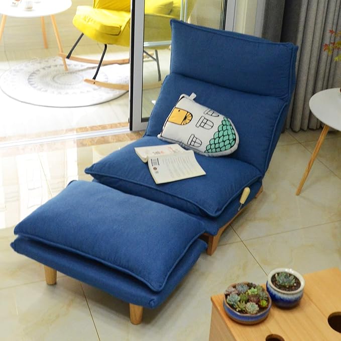 Floor Chair Single Lazy Sofa Leisure Balcony Reclining Japanese Tatami Adjustable Recliner with Ottoman for Living Room, Bedroom, Indoor Use (Stacked Footstool, Blue)