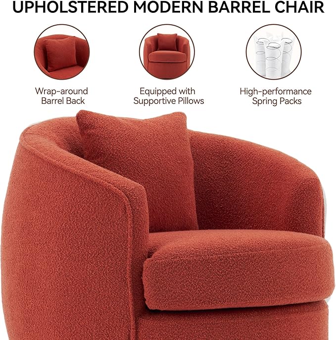 FaFaSoGoodFa Swivel Accent Chair Set of 2, Modern Upholstered Boucle Barrel Arm Chairs with Pillow for Living Room, 360 Degree Round Swivel Sherpa Armchair with Round Base for Bedroom Club (2, Orange)