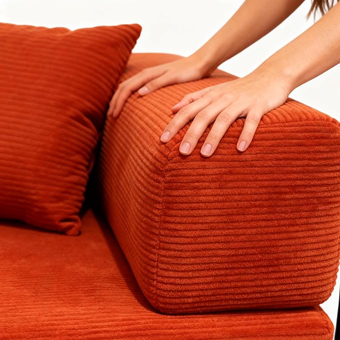 Modern Floor Sofa Bed with Bolster Pillows, Couch Bed,Foldable Sofa bigsize Sofa Convertible Lounger, Orange Red Corduroy (Orange red)