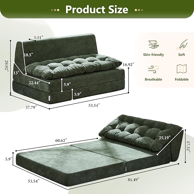 Hobestluk Sofa Couch Folding Sofa Bed Sleeper Comfy Floor Lounger Loveseat Sofa with Removable Cushion Couches Foldable Mattress for Living Room Bedroom or Office (Chenille Green, Oversize)