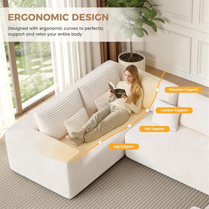 136'' Large Sectional Cloud Couches with Chaise, U Shaped Boneless Sofa Bed with Ottoman, No Assembly Required Deep Seat Modular Lounge for Living Room 4PCS Set, Bedroom(Beige)