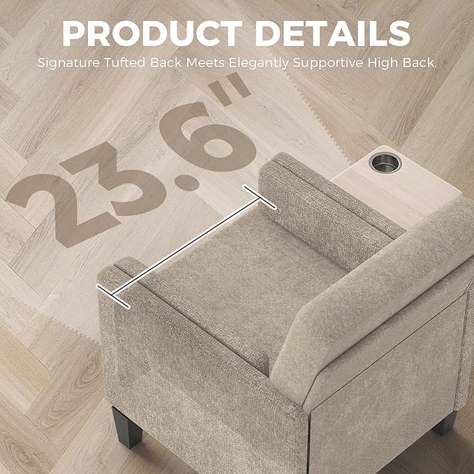 Chenille Accent Chair, Mid Century Modern Arm Chair with Foldable Wooden Side Table & Cup Holder - Comfy Reading Chair for Bedroom,Living Room Chairs,Single Sofa Chair,Beige