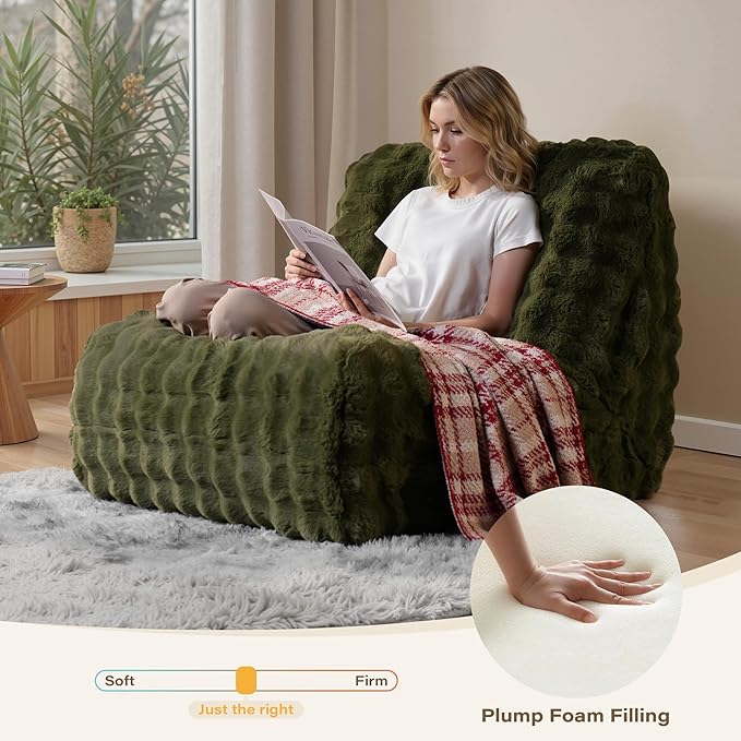 Green Bean Bag Chairs for Adults,Comfy Small Bean Bag Sofa with Back Support,Memory Foam Bean Bag Chair for Kids,Faux Fur Fireside Beanbags Lazy Sofa for Bedroom,Dorm,Apartment,Living Room