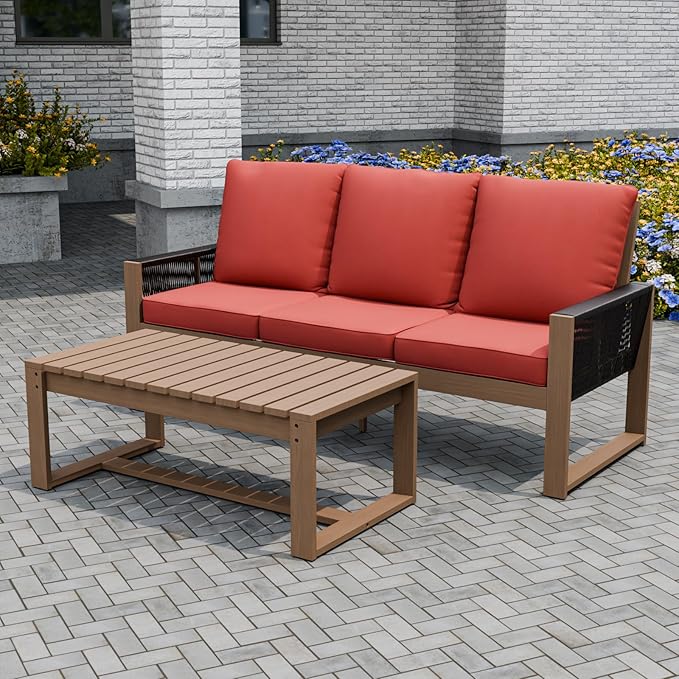INTER HUT Rustic Hideaway Natural Cedar Wood Outdoor Furniture Set, Wicker Patio Conversation Set for Porch Garden Backyard, Couch and Coffee Table, 2 Piece, Brownish/Red