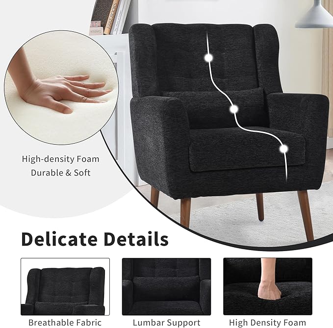 CHSICFOR Modern Accent Chair, Upholstered Arm Chair with Waist Pillow, Single Sofa Chair for Living Room Bedroom Small Spaces (Black)