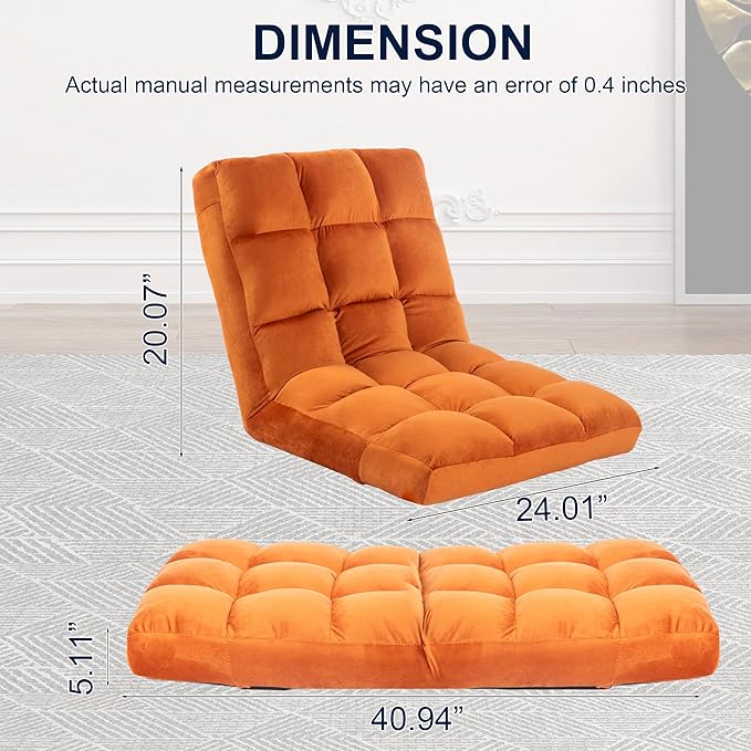 HOMYEDAMIC Floor Chair, 24 inches Wide Oversized Velvet Armless Lay Flat Floor seat Padded Meditation Chair with 6 Adjustable Position Ergonomic Comfortable Convenient(LRSF-007-ORANGE)