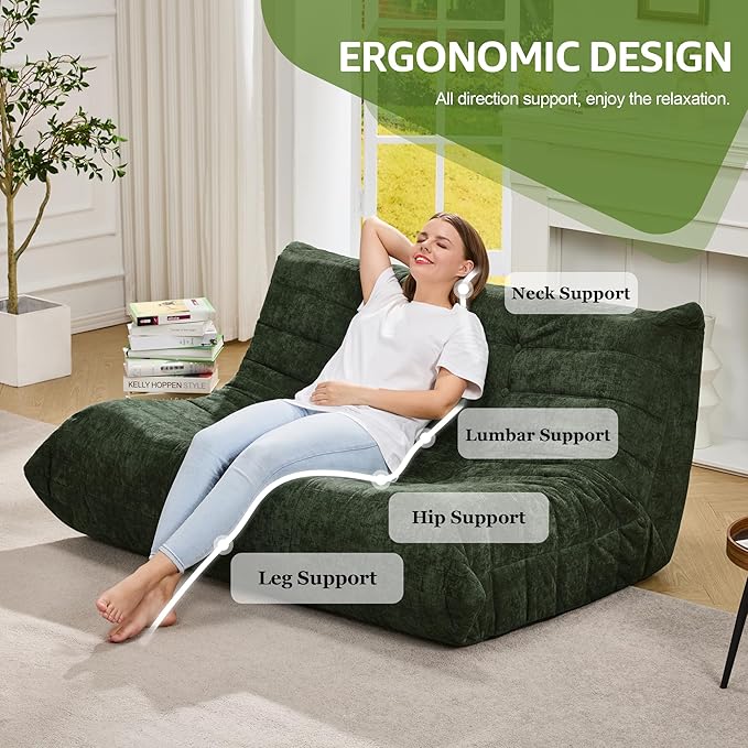 Bean Bag Chairs for Adults Giant Bean Bag Chair Memory Foam BeanBag Chair Bean Bag Sofa with Filler Faux Fur Fireside Beanbags Lazy Sofa for Living Room Bedroom Office (Green Chenille, Loveseat)