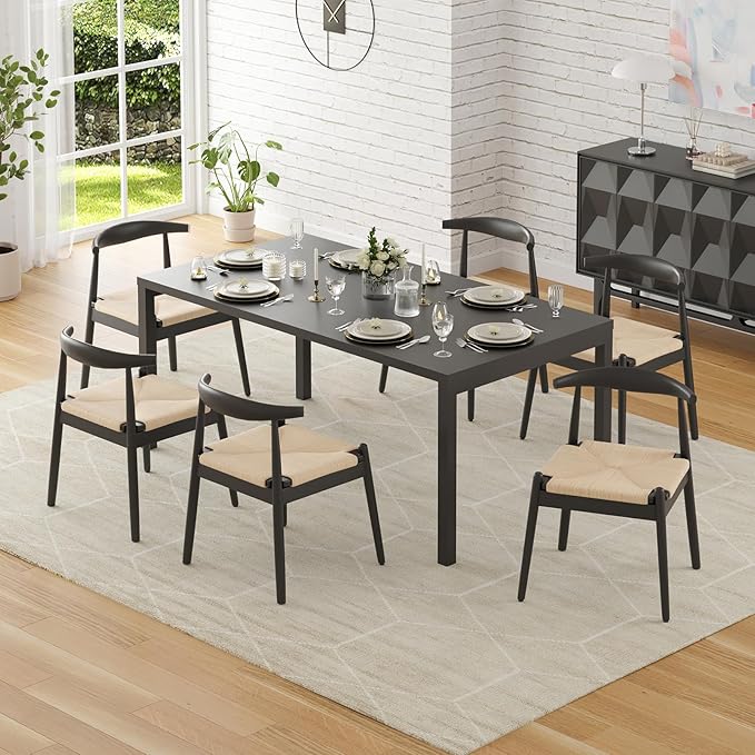 Farini Mid Century Modern Dining Chairs Set of 4, Solid Wood Frame Kitchen Chairs with Woven Upholstered Seat for Dining Room & Breakfast Nook,Black-Beige
