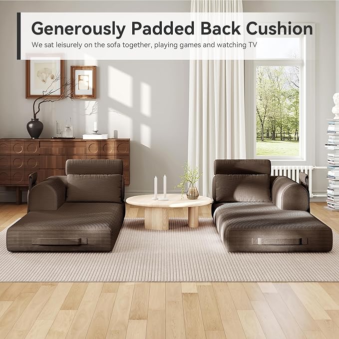 ZQRhome 2026 Upgrade Convertible Sofa Bed, 79 Inch Boneless Couch with Fixed-Shape Frame, Corduroy Fabric with High Backrest, Floor Sofa Modular Futon Couch for Living Room Bedroom Lounge (Brown)