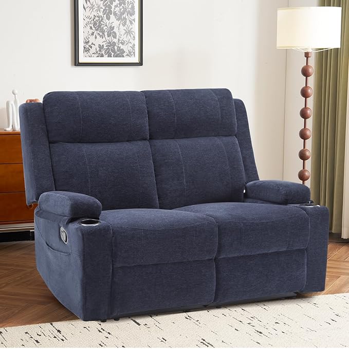PALLOME Manual Reclining Loveseat Sofa, 2-Seater Recliner Couch with Cup Holders, Fabric Reclining Sofa for Living Room/RV (Blue)