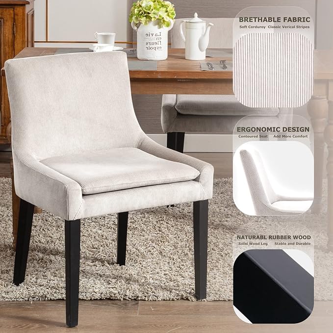 Dining Chairs Set of 2, Upholstered Corduroy Dining Room Chair with Wood Legs, Mid-Back Padded Kitchen Side Chairs for Dining Room, Beige