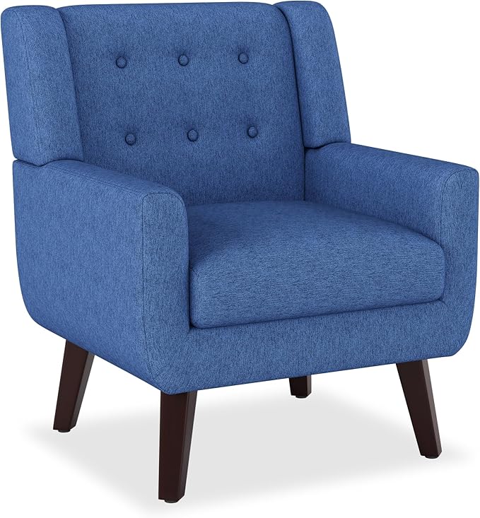 Accent Chairs, Mid-Century Modern Upholstered Living Room Armchair, Comfy Oversized Linen Fabric Single Reading Arm Chair with Tufted Back and Wood Legs for Bedroom, Club (1, Navy)