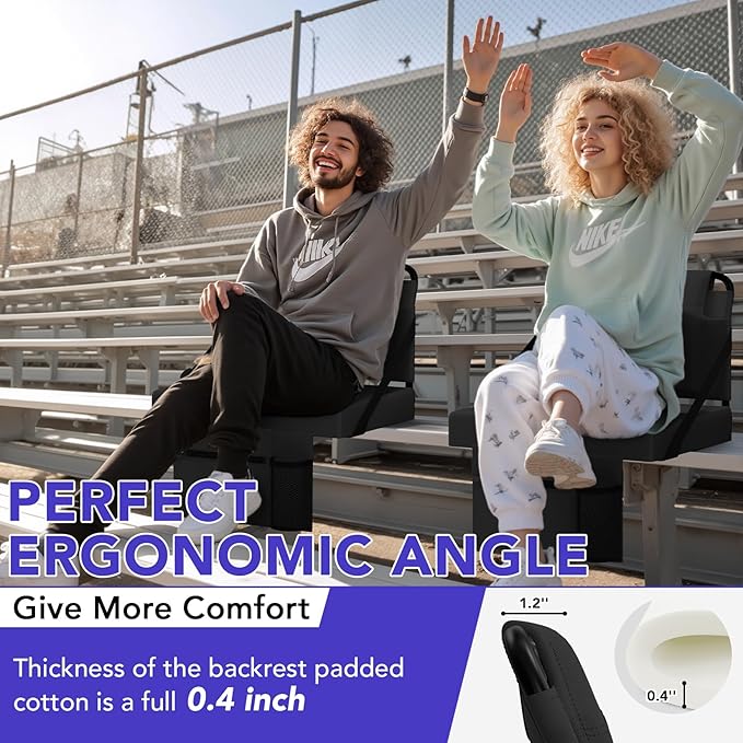 Stadium Seat 2 Pack for Bleachers with Back Support,Portable Bleacher Chairs with Back and Cushion，Black